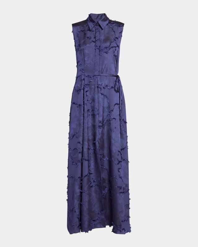 Fringed Fil Coupe Satin Sleeveless Collared Gown